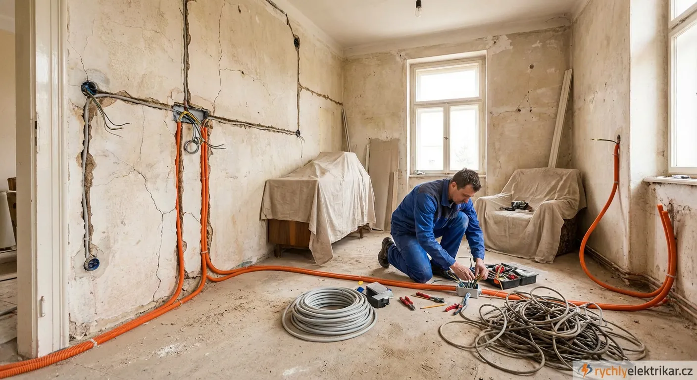 Elektrikář zapojuje nový domovní rozvaděč při rekonstrukci bytu